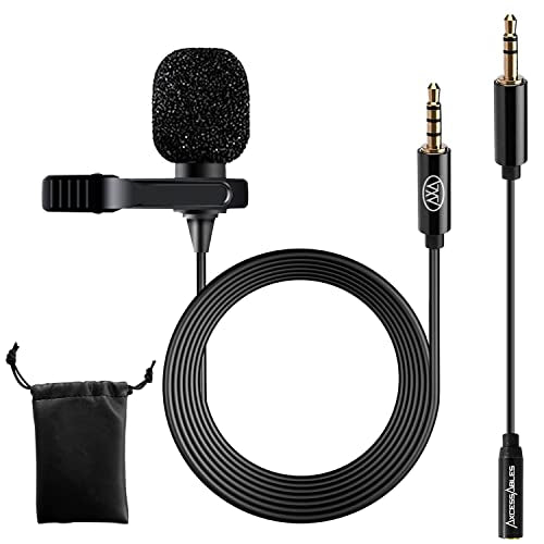 AxcessAbles Lavalier Microphone with 3.5mm TRRS Cable & TRS Adapter – Omnidirectional Clip On Lapel Mic for iPhone Android Camera Laptop – Wired Condenser Microphone for YouTube Podcast Interview