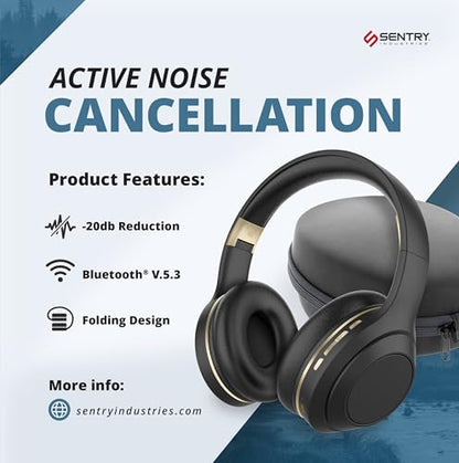 SENTRY OSH Over Ear Bluetooth Wireless Headphones, Active Noise Canceling -20dB Reduction, 22 Hour Battery Life, Control Buttons, Built in Microphone, USB C Charging and Carrying Case Included - color: Black