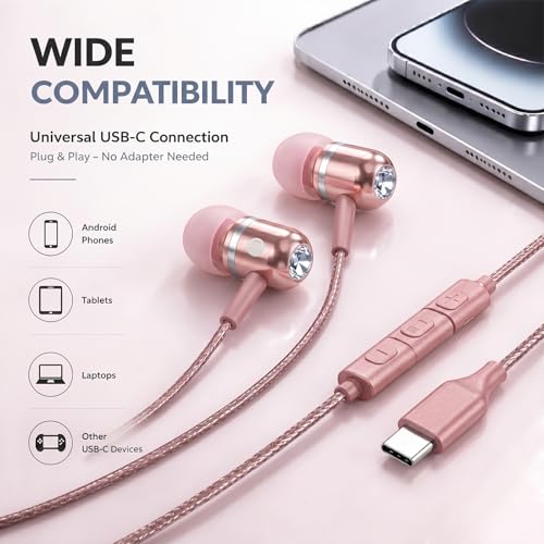 ADOOPE USB-C Wired Earbuds with Microphone, in-Ear Headphones for Android & USB-C Devices, Noise-Isolating Stereo Earphones with Inline Remote for Phone Calls, Music & Video - Pink - color: Pink