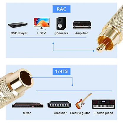 RCA to 1/4 Inch Adapter, Gold Plated RCA Male Plug to 6.35mm 1/4 Inch TS Female Audio Converter for Amplifiers, Speaker and More(2 Pack)