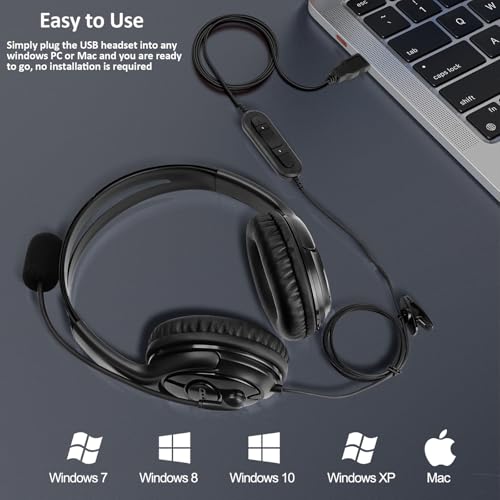 MKJ USB-A Wired Headset with Mic for PC, Computer Headphones for Office | Noise Canceling Microphone, Call Center Laptop Headset , Volume Control, Compatible with Ms Teams Zoom Webex, Online Meeting