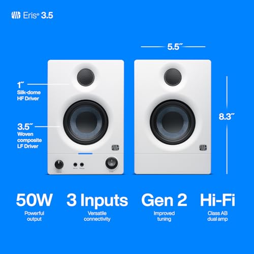 PreSonus Eris 3.5 Powered Studio Monitors, Pair —| | 50W, Woven-Composite Woofer, Silk-Dome Tweeter, White - color: White, size: 3.5"