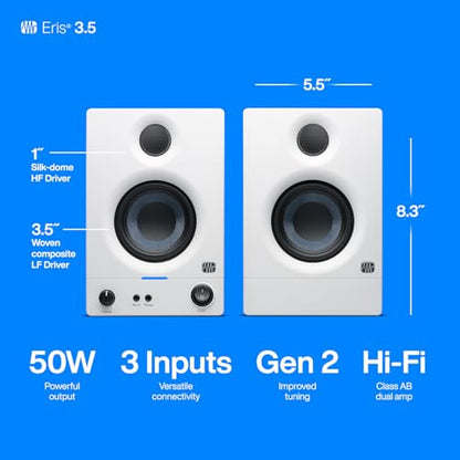 PreSonus Eris 3.5 Powered Studio Monitors, Pair —| | 50W, Woven-Composite Woofer, Silk-Dome Tweeter, White - color: White, size: 3.5"