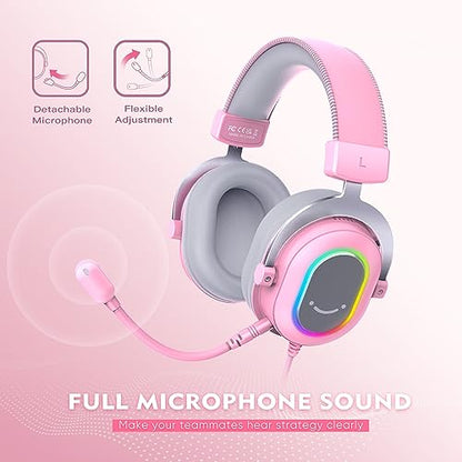 FIFINE H6P Wired Gaming Headset with Noise Canceling Mic for PC,PS4/5 | Large 50mm Drivers, 7.1 Surround Sound, Solid Metal Frame, 3 EQ Modes, Vibrant RGB, USB In-line Control, for gamer/streamers - color: Pink