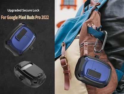 Olytop for Google Pixel Buds Pro 2/Pro Case Cover with Lock Clip & Cleaner Pen 2024/2022, Shockproof Protective Hard Shell Skin with Carabiner Men Women - Black/Blue - color: Black/Blue