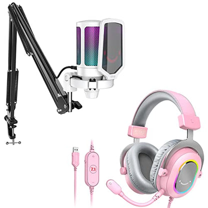 FIFINE Streaming Gaming USB Microphone Kit and PC Gaming Headset with 7.1 Surround Sound,Condenser RGB Mic,Plug and Play,Computer RGB Over-Ear Headphones for PS4/PS5,for Streaming/Game Voice(A6TW+H6P)