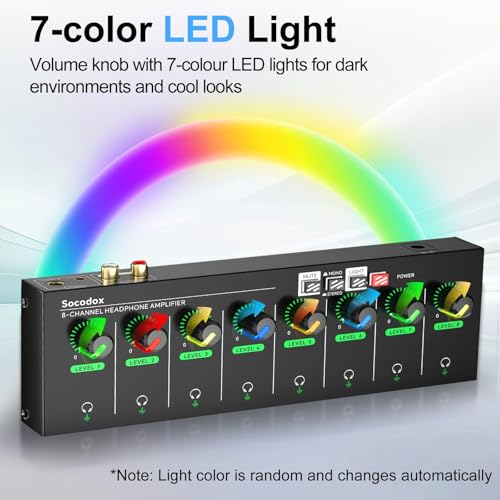8 Channel Headphone Amplifier, 16 Outputs Stereo Audio Amplifier | Metal Headphone Amp with 1/4", 1/8" & RCA Inputs, RGB Volume Control, Stereo/Mono Switch for Studio, Podcast, Streaming - size: M