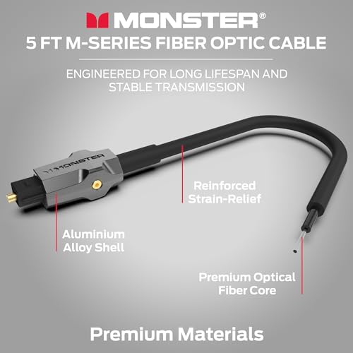 Monster M-Series 1000 Fiber Optic Toslink Cable, Optical Digital Audio Cable for Sound Bar and Home Theater System, Gold-Plated Connectors, 5 ft - size: 5 Feet