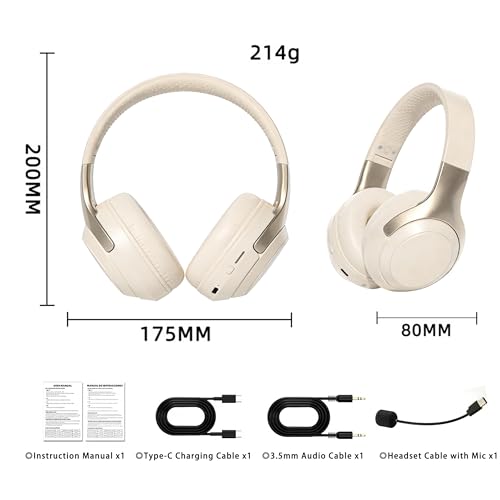 Wireless Bluetooth Over-Ear Headphones with Microphone, 24H Playtime, Bluetooth 5.3, Comfortable and Foldable Design, Over Ear Lightweight Headset for Sports, Travel, Home, Office (Beige) - color: Beige A