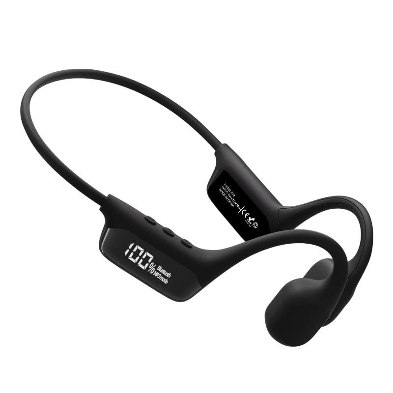 Bone Conduction Headphones IPX8 Waterproof Swimming LCD Screen Built in 32G Memory Bluetooth 5.4 Earphones Open Ear Earbuds for Diving, Cycling, Driving,HIFI Stereo Sound with 8H Playtime, Black - color: Black