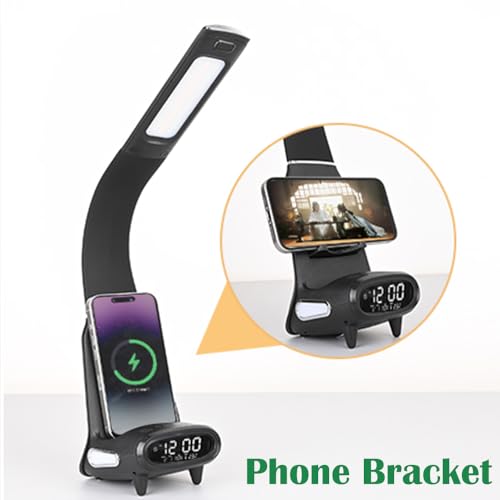 IHAO Multi Functional Smart Eye-Care Desk Lamp Wireless Charger & Digital Alarm Clock Gesture Control Adjustable Light 15W Fast Charging Hidden Phone Stand, Date Timer Display Wake-Up Light-TX79 Black - color: Table Lamp TX79 Black