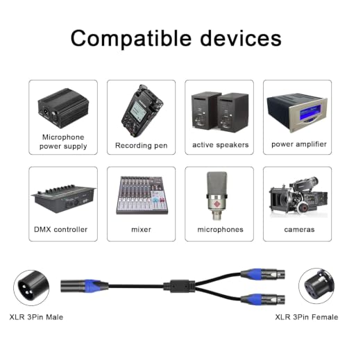 (11.8 inches / 1 Pack ) XLR Splitter Cable, 1 Male to 2 Female XLR Y Splitter Micrphone Cable , 3pin male to Dual xlr Female Y-Splitter Balanced Mic Audio Cables for Stereo Mic to L & R Audio Track - size: 1ft-1Pack