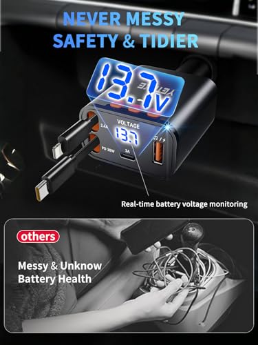 Bluetooth Car Adapter with Retractable Charger, FM Transmitter Bluetooth 5.4 for Cars, 4 in 1 Fast Car Phone Charger 69W, Handsfree Call, 2*Retractable Cable for iPhone 17/16/15/14, Galaxy-Black - color: Black