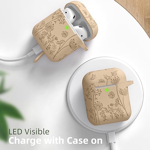 Lerobo for AirPod Case 2nd/1st Generation with Keychain | Flower Engraved Silicone Protective Cover for AirPods 2 Case, Wireless Charging, Led Visible, One-piece Design, Milk Tea - color: Milk Tea