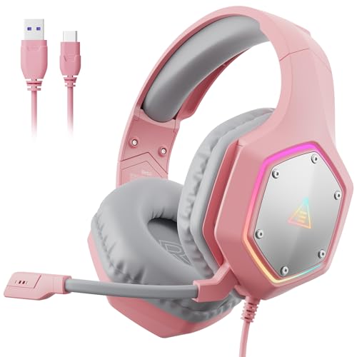 EKSA E1000 V2 Gaming Headset, PC Headset with USB C Plug, Wired Headphones with Noise Canceling Microphone, 7.1 Surround Sound, RGB Light, include USB Adapter for Computer,Mac, PS4/PS5 Console, Laptop - color: Pink