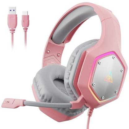 EKSA E1000 V2 Gaming Headset, PC Headset with USB C Plug, Wired Headphones with Noise Canceling Microphone, 7.1 Surround Sound, RGB Light, include USB Adapter for Computer,Mac, PS4/PS5 Console, Laptop - color: Pink