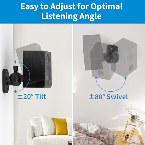 PlusAcc Speaker Wall Mount, Surround Speakers Brackets, 2 Pack, Black | 20° Tilt & 80° Swivel, Adjustable Mounting Bookshelf Shelf for Home Theater, Hold up to 8 lbs - color: Black, size: 2 Pack