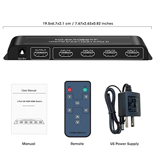 ROOFULL 4 Port 8K HDMI Switch with Remote | 4 In 1 Out HDMI 2.1 Switcher Selector, 8K@60Hz, 4K@120Hz, Dolby Vision/Atmos, Automatic Switching, HDCP 2.3, HDR10+, 48Gbps - color: Z-Black (8K)