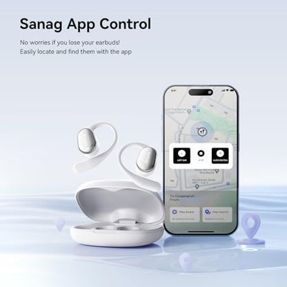 Sanag Open-Ear Wireless Earbuds Bluetooth 5.4 with Secure Earhooks - 56H Playtime, HiFi Deep Bass, Clear Calls, IPX4 Waterproof, Sports Running Workout Earphones with APP Control, Black (C16S-White)