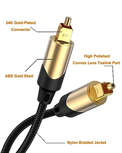 CableCreation 3FT Optical Audio Cable, Toslink Male to Male, Black & Gold, 24K Gold Plated Connectors, Compatible with Sound Bar, TV, PS4, Xbox, VD/CD Player, Blu-ray Player, Game Console - color: Black & Gold, size: 3Feet