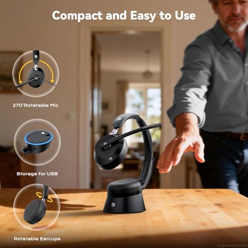 Wireless Headset with Mic for Work, Bluetooth Headset with Noise Cancelling Microphone, Charging Base & USB Computer Headset with Microphone for Call Center/Office/Home/PC/Laptop/Teams/Zoom