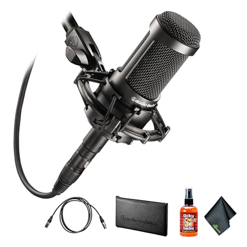 Audio-Technica AT2035 Cardioid Condenser Microphone, Black + Microfiber Cleaning Cloth + Goby Labs Microphone Cleaner + 10 Ft XLR Cable