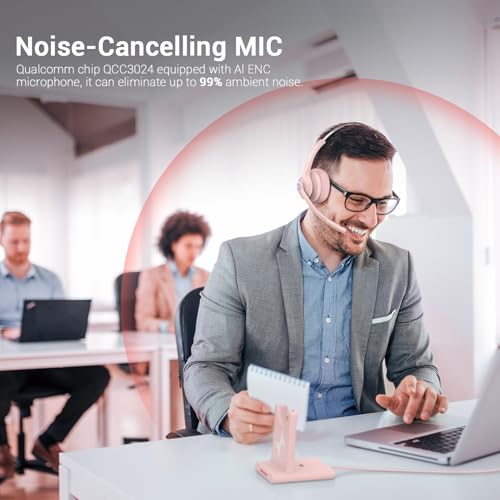 Bluetooth Wireless Headset with Mic for Work, Bluetooth 5.2, Advanced Noise Reduction Microphone, Clear Calls - Comfortable On-Ear Headphones, Applicable to PC, Laptop, Phone, Android, Zoom, Office - color: Pink