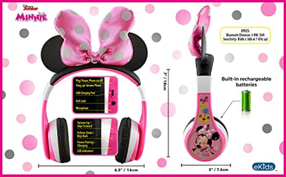 eKids Minnie Mouse Kids Bluetooth Headphones, Wireless with Microphone Includes Aux Cord, Volume Reduced Foldable Headphones for School, Home, or Travel, Pink | Reduced Volume and Built-in Microphone