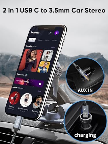CableCreation USB C to 3.5mm Audio Cable with USB Charging Car Aux Cable | Type C to Aux Jack Headphone Car Stereo with 18W Charge for iPhone 16 15 Pro Max Plus, Galaxy S24/S23+, Pixel 9/8/7+ - style: USB C+3.5mm Audio+USB C Charging (Grey)