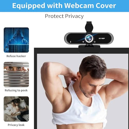 1080P Full HD Webcam with Microphone, 110° Wide Angle, Autofocus, USB Plug and Play, for Video Conferencing, Streaming, with Tripod
