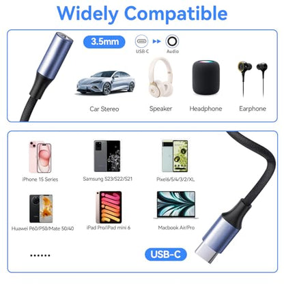 JHAOUS USB Type C to 3.5mm Headphone Jack Adapter, 2 Pack | Stable Connection, Clear Calls, No Buzzing Noise, USB C Aux Audio Dongle Compatible with iPhone 17 16 15 Pro/Pro Max, Samsung S24/S23/S22