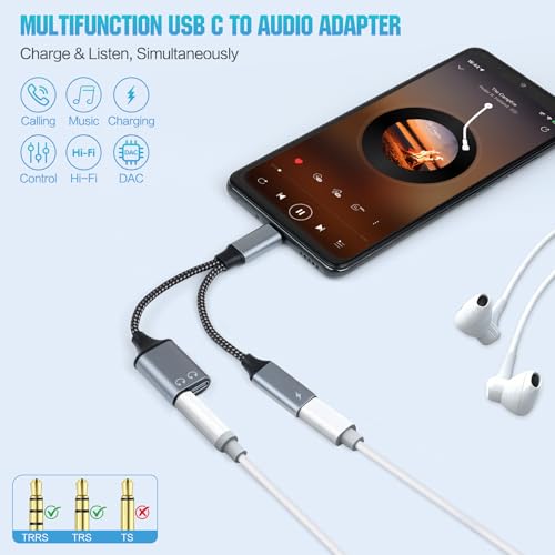 USB-C to 3.5mm Headphone Adapter, Supports 60W PD Fast Charging, 3-in-1 Type-C to AUX, Type-C Audio Interface and USB-C Charging, Hi-Fi DAC Sound Quality, Compatible with iPhone 15 and Samsung S24.
