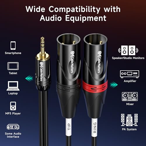 Cable Matters 3.5mm TRS to 2 XLR Cable, Male to Male, 10ft | 1/8 Inch TRS, Aux to Dual XLR Male Breakout Cable - size: 10 ft