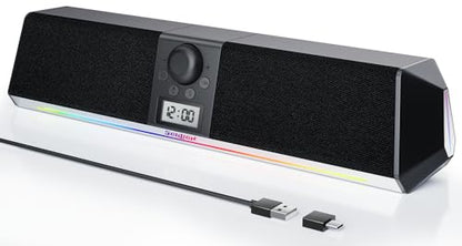SOULION Bluetooth Computer Speakers USB Plug & Play with Clock & LED | Digital Clock Display, Bottom Mirror Lighting, LED Rainbow Lights & 5 Kinds of Modes, USB/Bluetooth/AUX Mode, Powerful Sound