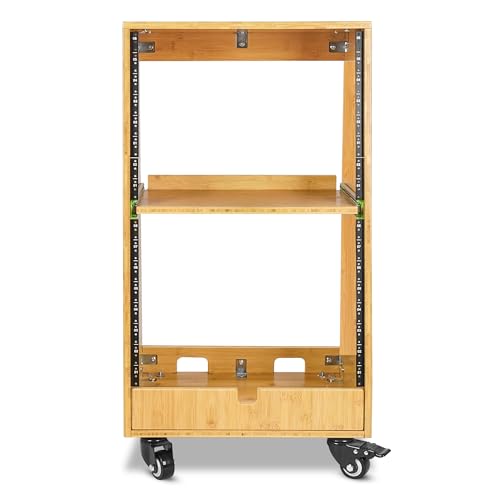 Sound Town DIY Slanted 16U Studio Rack (8U Top + 8U Lower) with Slide-Out Tray, 2U Bottom Storage & Casters, Solid Carbonized Bamboo Audio Equipment Rack for Recording Room & Home Studio (STBR-ST16T) - size: 16U(8U Top + 8U Lower),Carbonized Bamboo