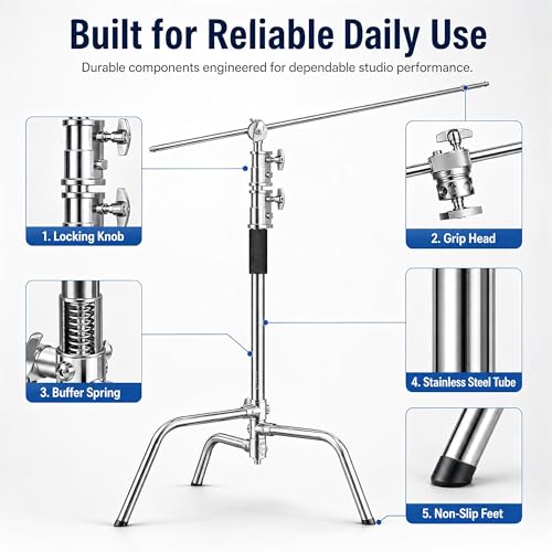 C Stand with Boom Arm, 6.9ft/210cm, 88cm Extension Arm | Heavy Duty Stainless Steel, Turtle Base, 2 Grip Heads, Buffer Spring, For Softbox, Reflector, Strobe - size: 210cm 1 Pack