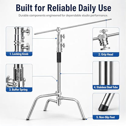 C Stand with Boom Arm, 6.9ft/210cm, 88cm Extension Arm | Heavy Duty Stainless Steel, Turtle Base, 2 Grip Heads, Buffer Spring, For Softbox, Reflector, Strobe - size: 210cm 1 Pack