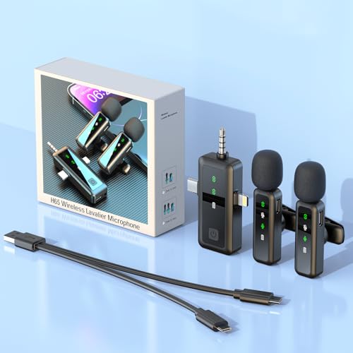 Wireless Mini Microphone for iPhone - 2 Pack Lavalier Microphone for Video Recording, 3-in-1 Noise Reduction Lapel Mic for Ipad, Android, Clip-on Mic for Content Creators Podcast