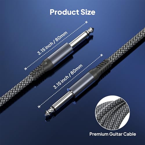 Elebase 1/4 inch 6.35mm TS Guitar Cable 20FT 2Pack | Quarter inch 6.3mm Guitar Instrument Cord,Mono Straight 1/4 Male Audio Wire Line for Electric Bass,Amp,Keyboard,Pedals - size: 20ft/6m, style: Straight-Grey