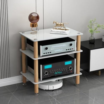 Audio Component Rack, Stereo Rack with 8mm Tempered Glass Shelves, Solid Wood Columns & Anti-Vibration Metal Feet for Power Amplifier, Stereo Receiver, Turntable & AV Equipment(White,3 Tier) - color: White, size: 3 Tier