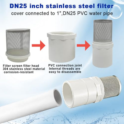 1" Stainless Steel Filter Cover Connected to 1 inch/DN25 PVC Water Pipe, Suction Strainers Used to Remove Debris and Reduce Solid Entry - size: 1"DN25