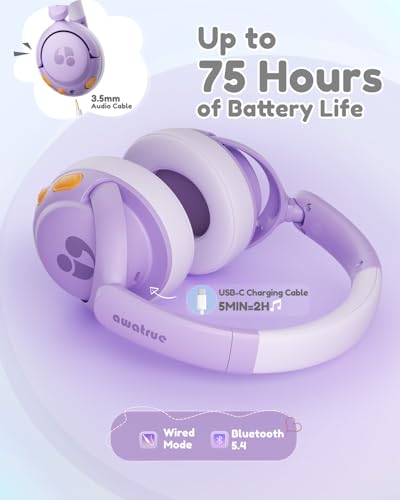 awatrue Kids Bluetooth Headphones, 85dB Volume Limiter, Purple HK02 | Foldable Wireless, Bluetooth 5.4, 75H Playtime, Built-in Mic, for iPad & Travel - color: Purple