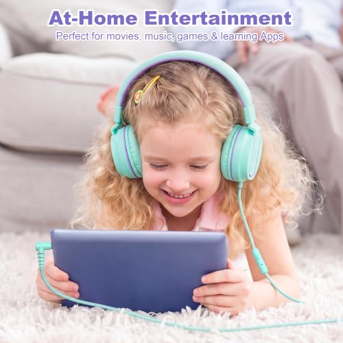 AILIHEN I35 Kids Headphones for School with Mic, 93dB Volume, Green Purple | Wired On Ear Headphones for Girls Boys, 3.5mm Foldable Lightweight for Classroom Chromebook, Laptop, Computer, Tablet - color: Blue