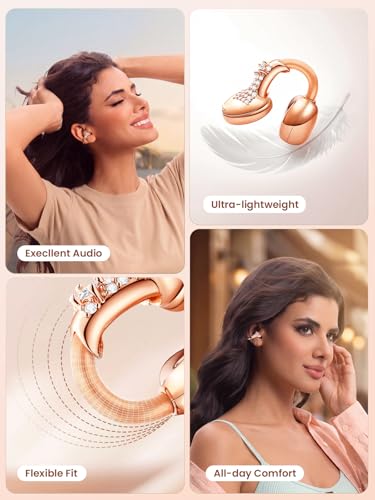JewelPods C3 Wireless Bluetooth Earbuds, Jeweled Open-Ear Headphones, Pink | Ultra-Light Memory Wire Clip-On Earrings for All-Day Comfort, 60H Playtime, Sweat & Water Resistant, Premium Sound - color: Pink