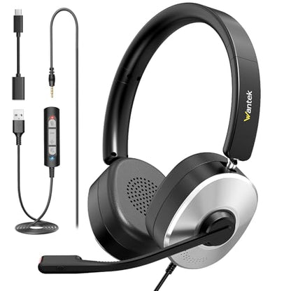 Wantek USB Headset with Microphone for PC, Wired On-Ear | Noise Cancelling Mic, USB/3.5mm/Type-C, Home Office, Work, Call Center, Online Courses, Skype, Zoom（Silver）