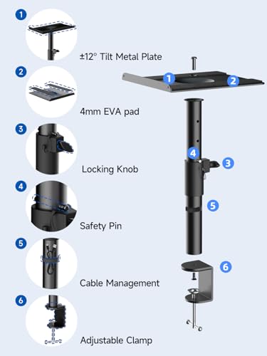 suptek Clamp-on Speaker Stand Desk Mount Set, Height Adjustment, ±12° Tilt, Swivel, 9.6 x 8.8 inch Trays, Universal Audio Holders for Bookshelf Speakers, Elevated Sound, 2 Pack, Black, SDM001GTB - color: Black, size: Tilt Speaker Stands