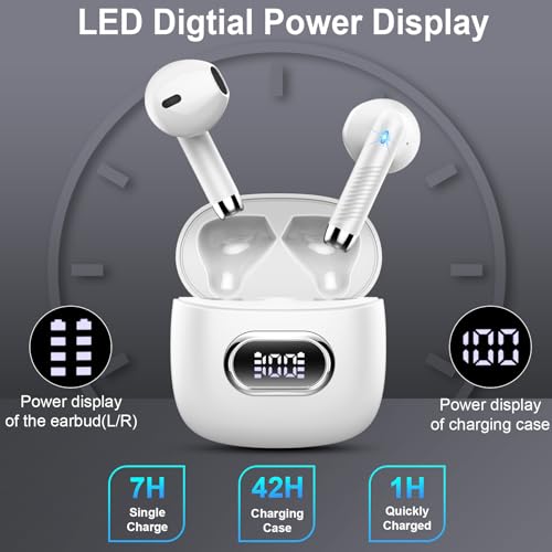 Wireless Earbuds, Bluetooth Headphones, Stereo Bass Ear Buds with ENC Noise Cancelling Mics,42H Bluetooth Earbuds with LED Display Charging Case, IP7 Waterproof Earphones for Android iOS/Glass white - color: Glass white