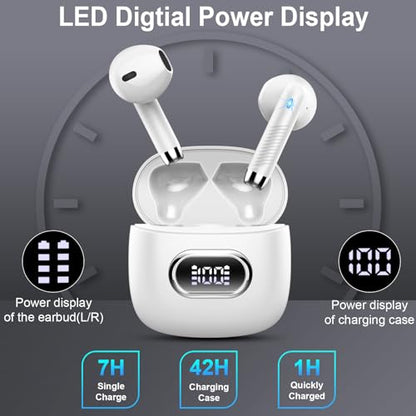 Wireless Earbuds, Bluetooth Headphones, Stereo Bass Ear Buds with ENC Noise Cancelling Mics,42H Bluetooth Earbuds with LED Display Charging Case, IP7 Waterproof Earphones for Android iOS/Glass white - color: Glass white