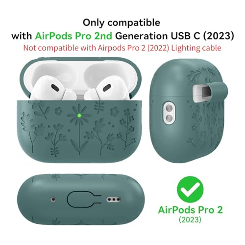 Compatible with AirPods Pro 2 Case USB C, Flower Engraved Cute Silicone Protective Case Cover for Airpods Pro 2nd Generation with Cleaner Kit and Lanyard for Women Girls (DarkGreen) - color: Darkgreen