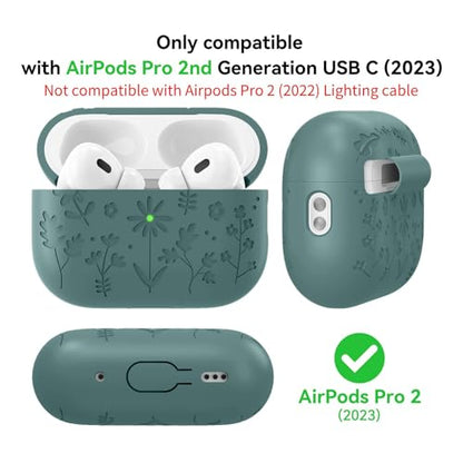 Compatible with AirPods Pro 2 Case USB C, Flower Engraved Cute Silicone Protective Case Cover for Airpods Pro 2nd Generation with Cleaner Kit and Lanyard for Women Girls (DarkGreen) - color: Darkgreen